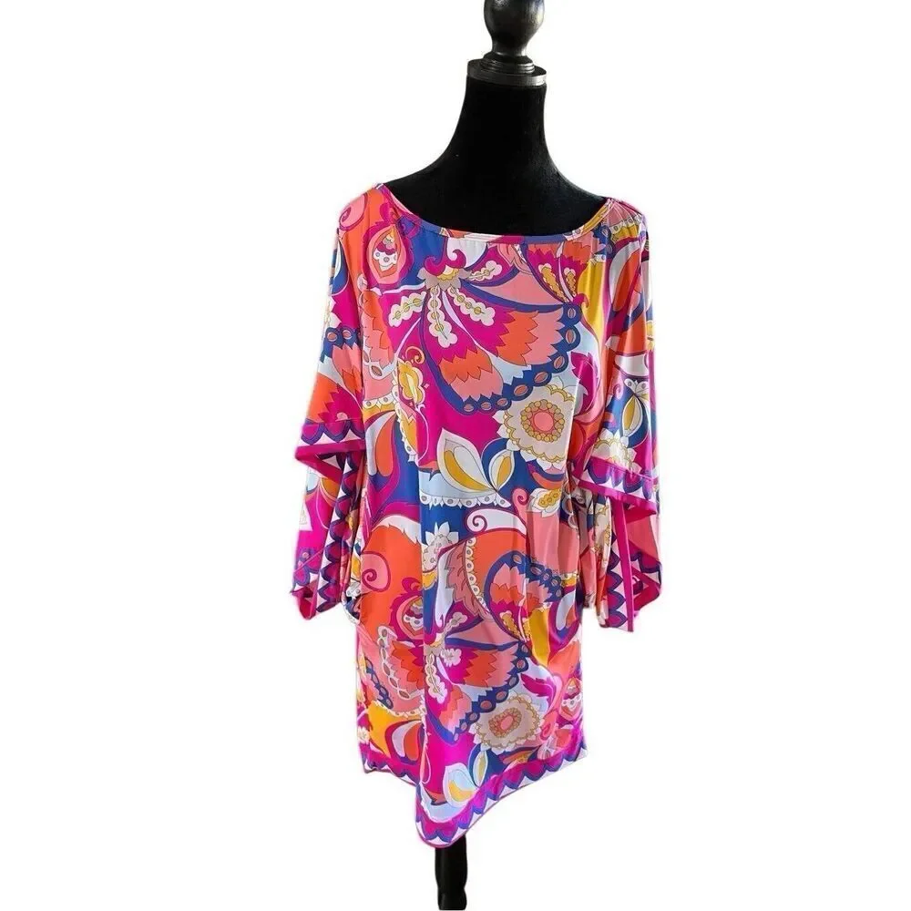 NWT $152 Trina Turk Sevilla Floral Swim Jersey Swimsuit Cover Up Tunic Dress L